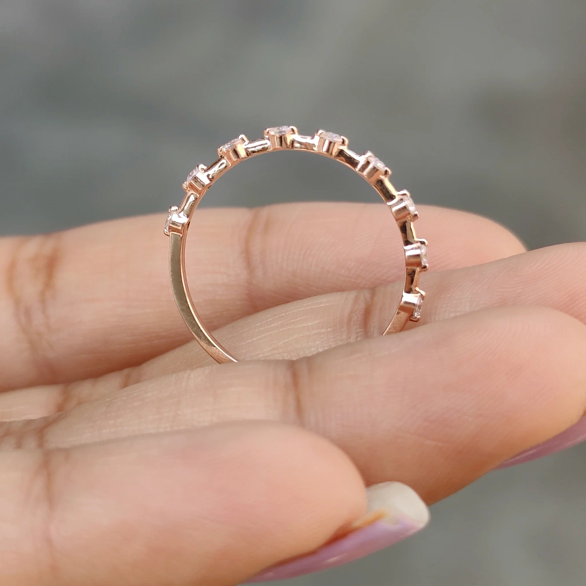 Dainty Round Moissanite Diamond Station Band Minimalist Stackable Ring