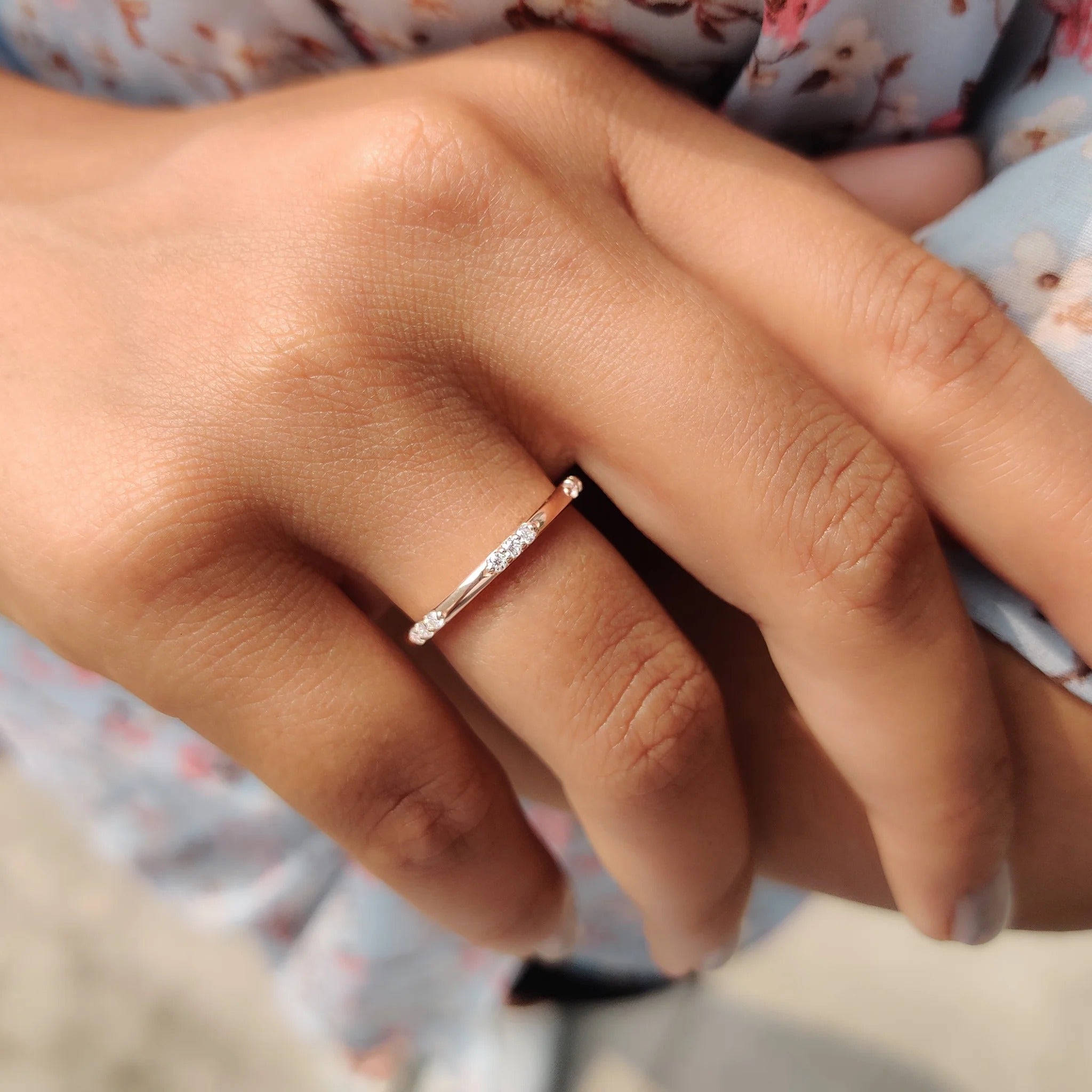 Dainty Moissanite Diamond Station Band Rose Gold Minimalist Stackable Wedding Ring