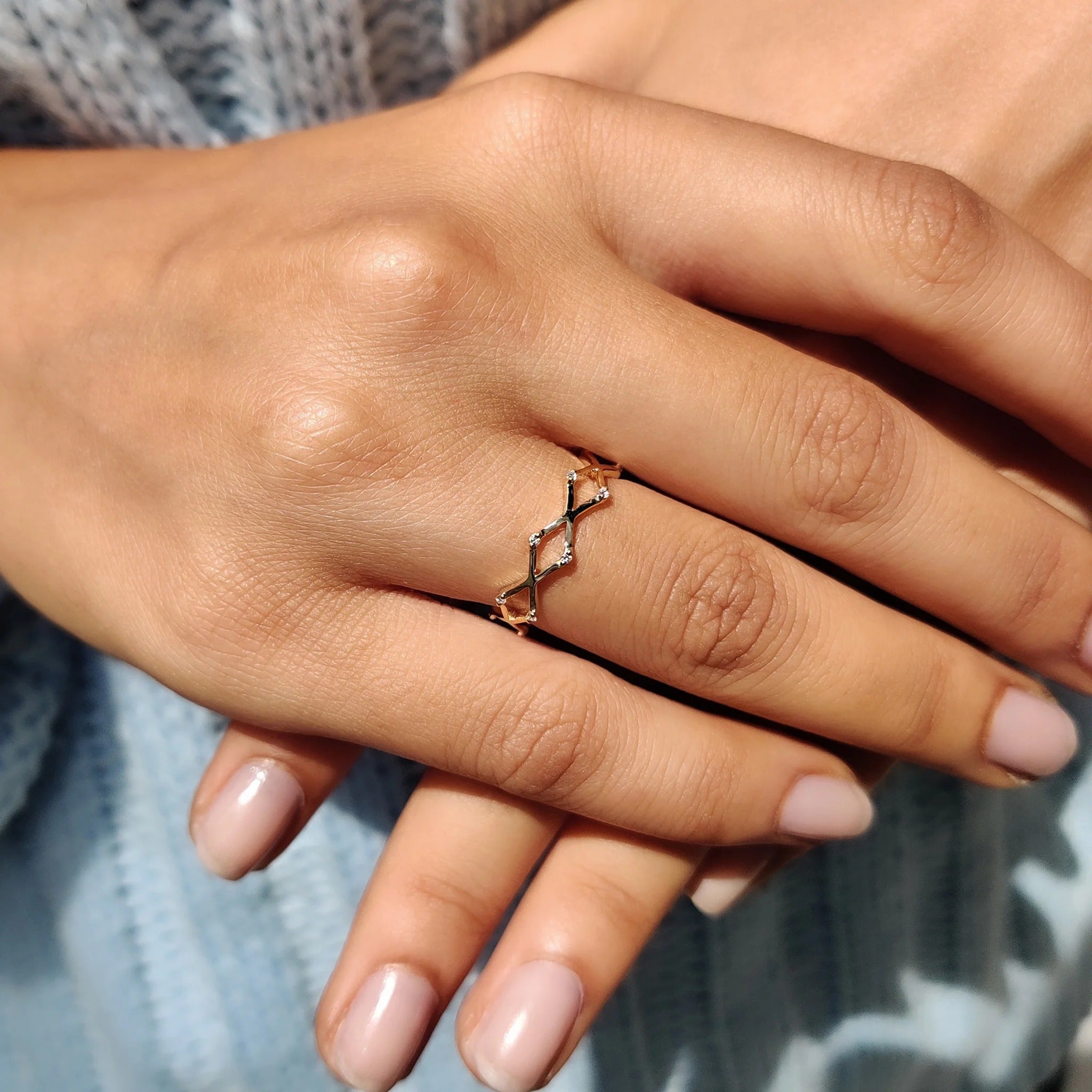 Dainty Moissanite & Diamond Zig Zag Stackable Ring in Polished Rose Gold Band