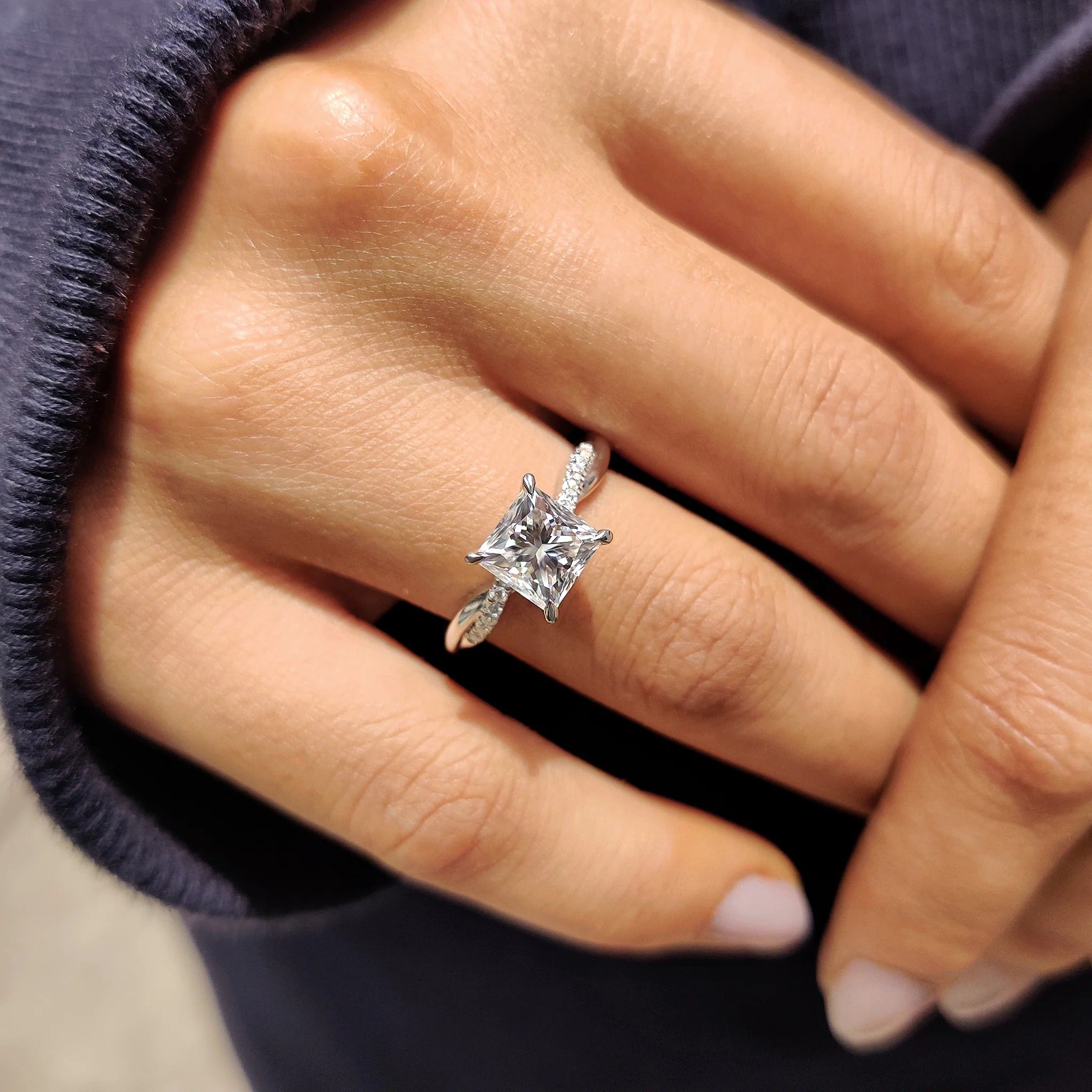Princess Cut Moissanite Engagement Ring with Diamond Twist Band in White Gold