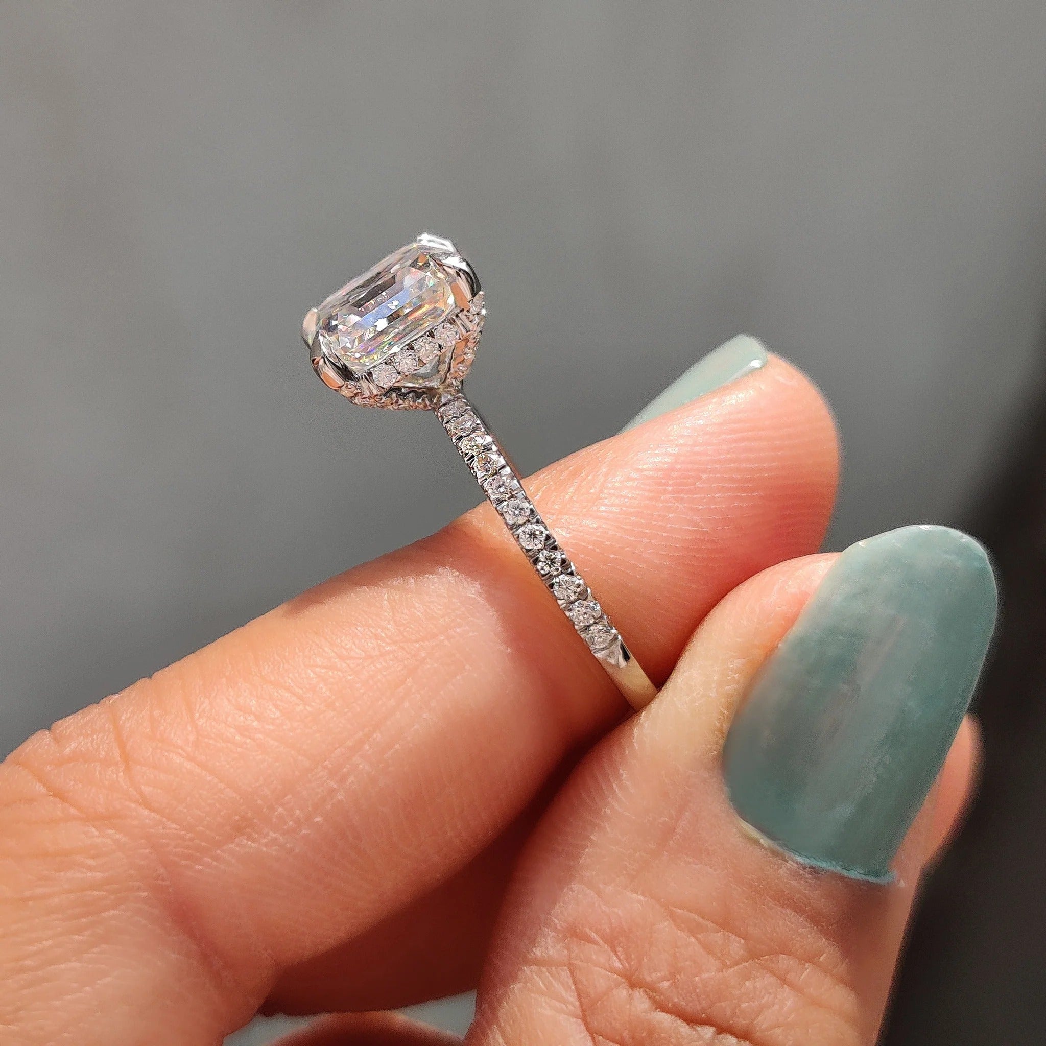 Asscher Cut Moissanite Engagement Ring with Diamond Pave Band
