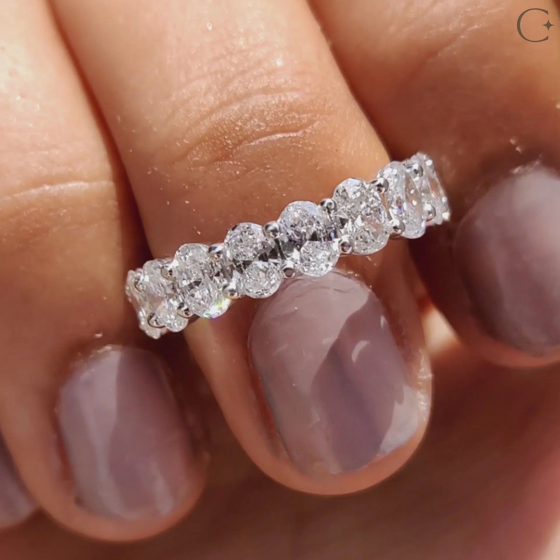 Oval Cut Moissanite Diamond Eternity Band Sterling Silver Stackable Wedding Ring