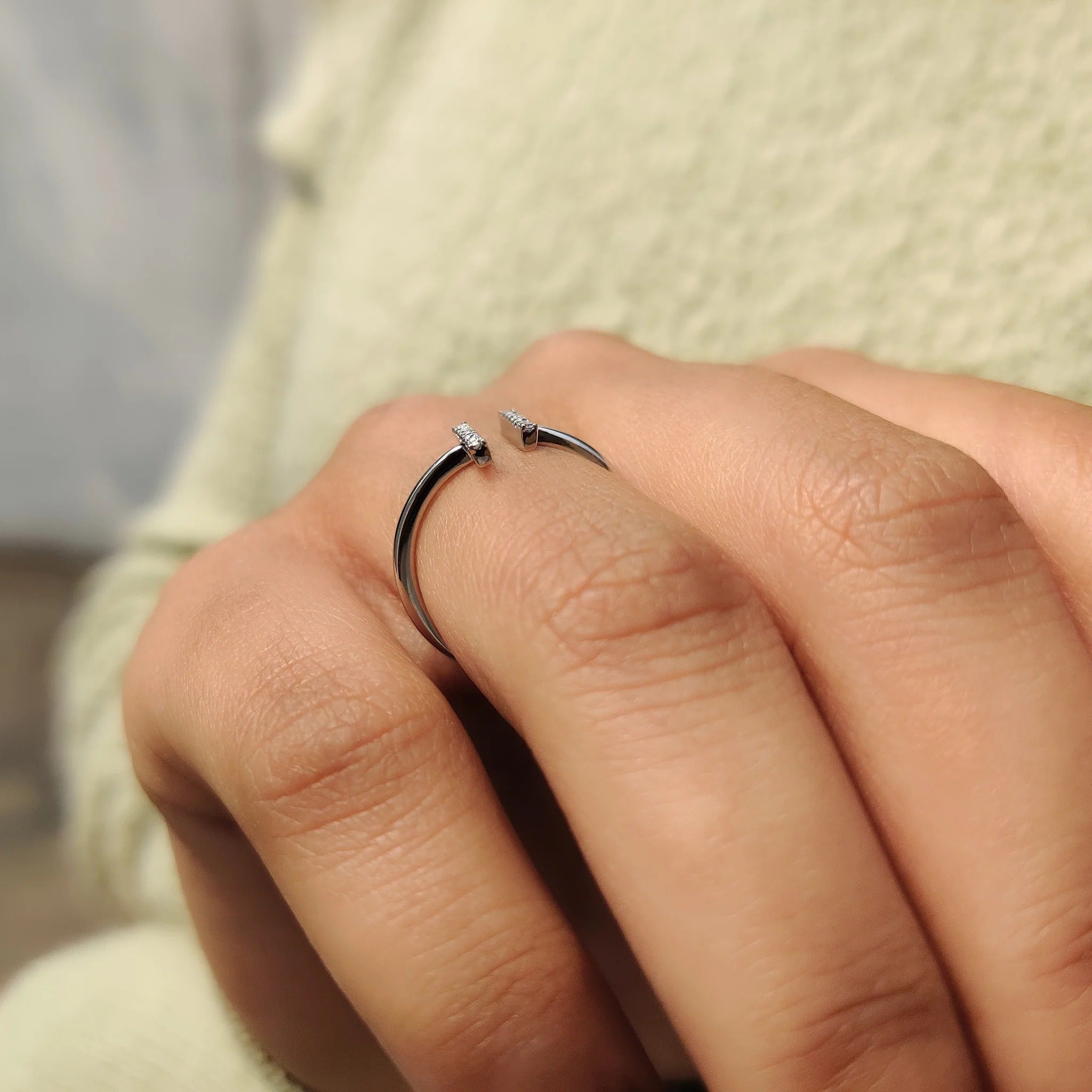 Modern Moissanite Diamond Bar Open Ring Sterling Silver Adjustable Stacking Band