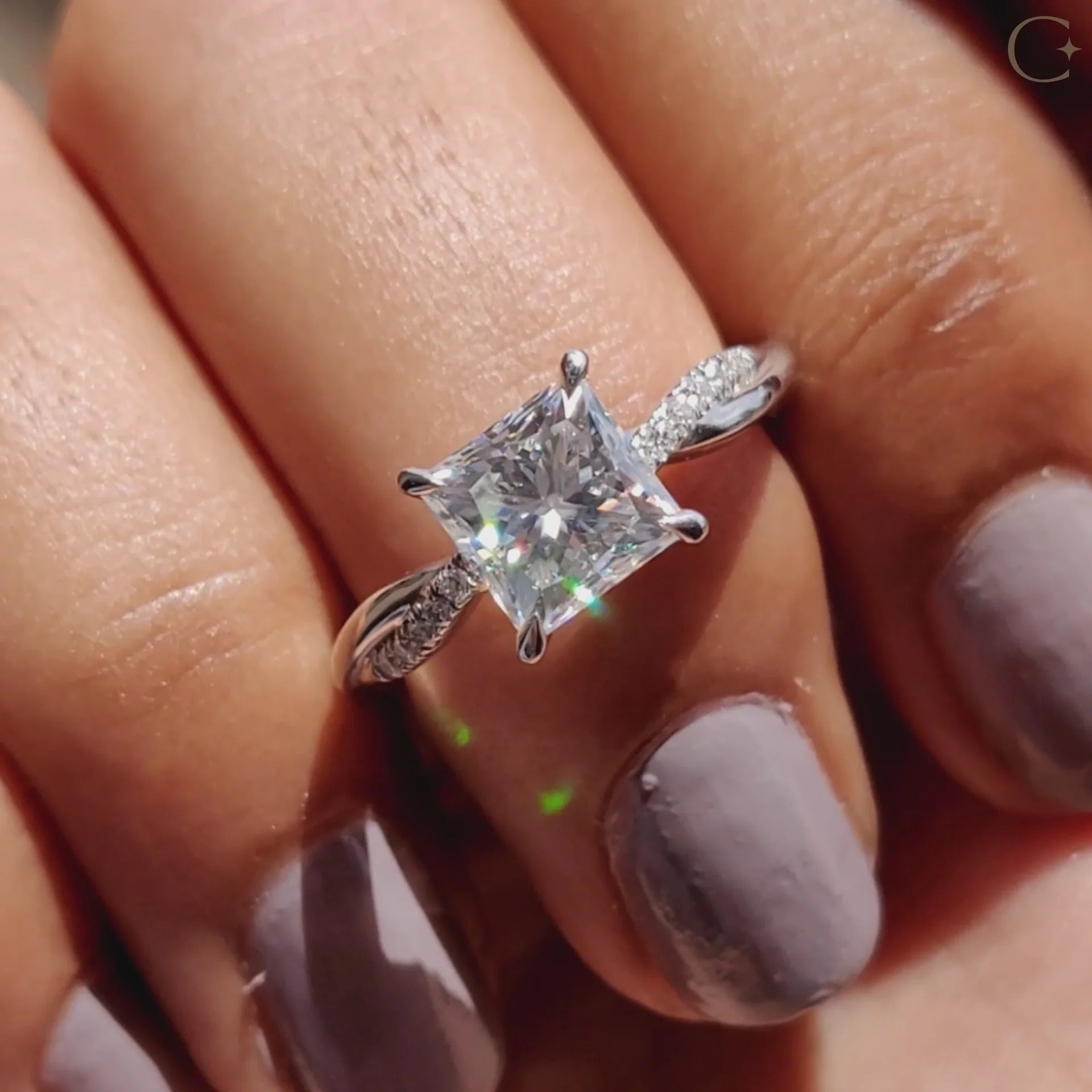 Princess Cut Moissanite Engagement Ring with Diamond Twist Band in White Gold