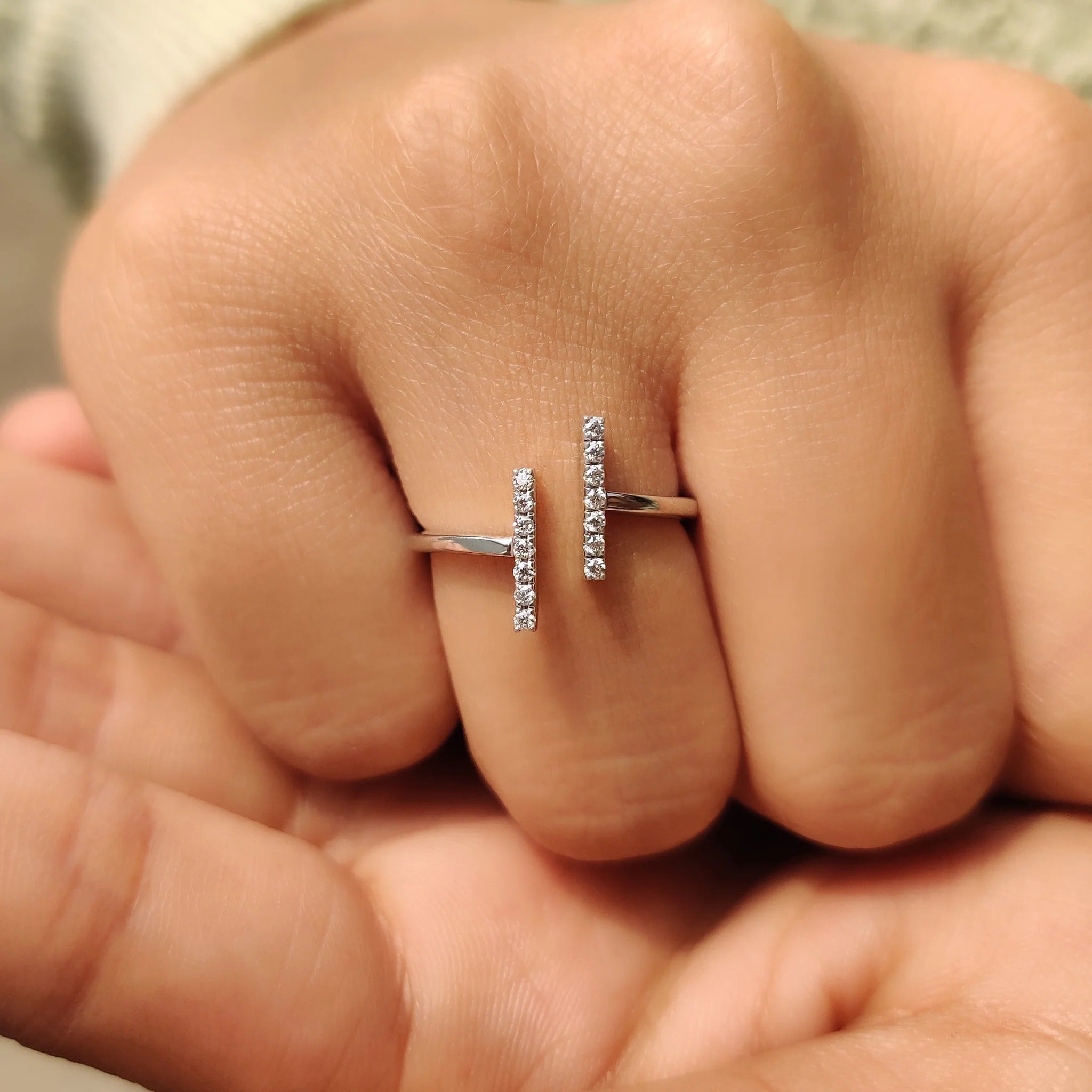 Modern Moissanite Diamond Bar Open Ring Sterling Silver Adjustable Stacking Band