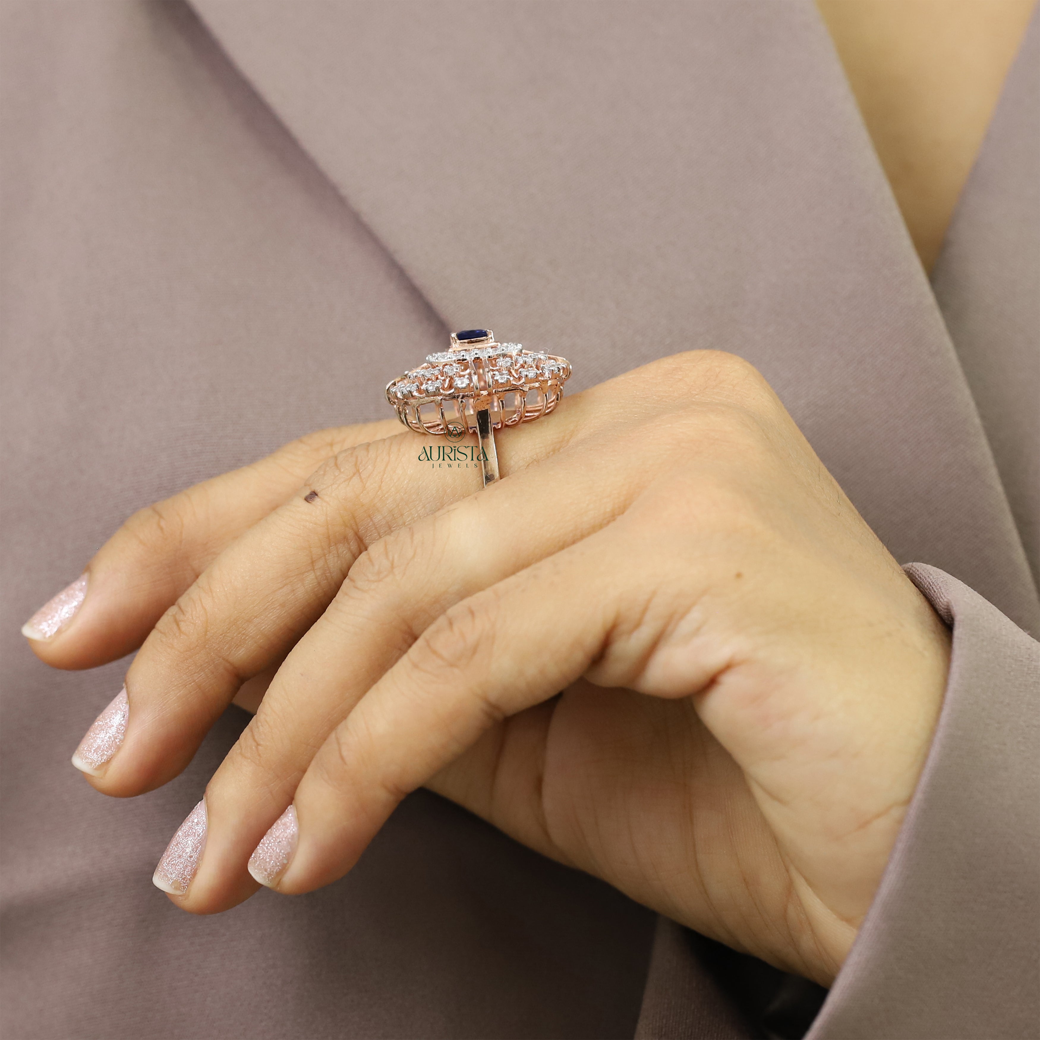 Princess Cut Sapphire & Moissanite Halo Ring, Rose Gold Cluster Statement Ring, Gift