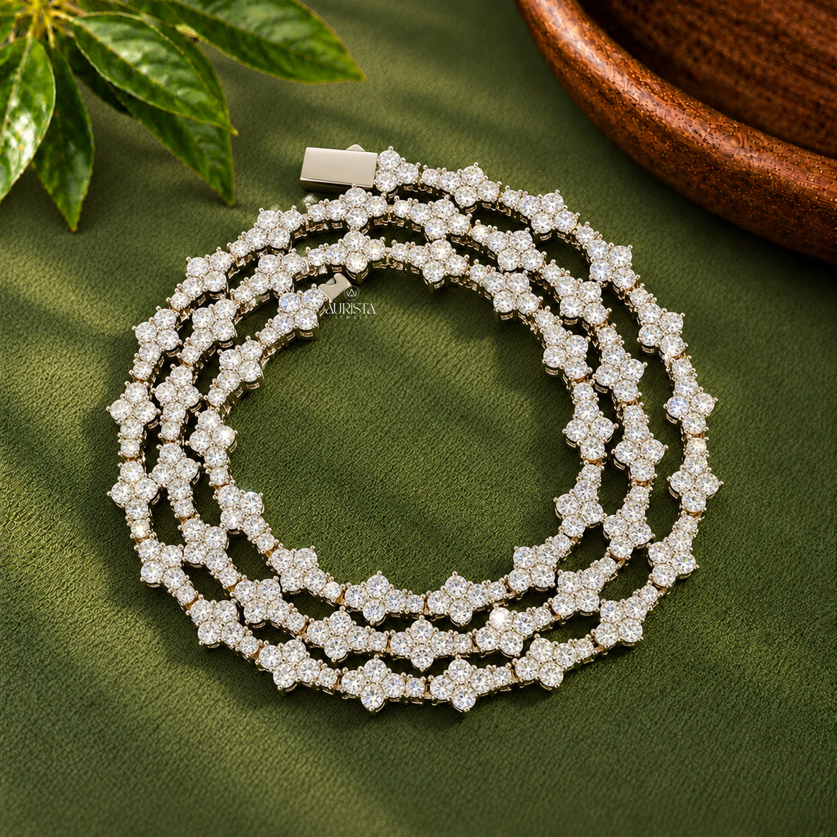 Cluster Floral Tennis Chain Necklace Moissanite in Diamond Silver Fine Jewelry