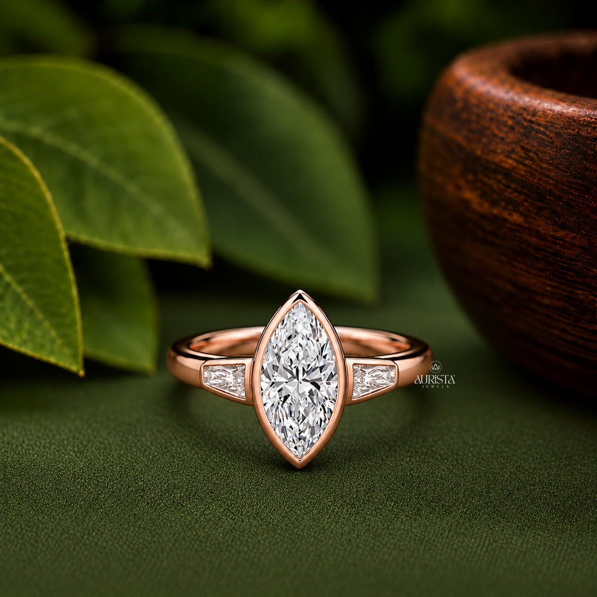 Marquise Lab Grown Diamond Ring, Bezel Set Rose Gold With Tapered Baguette Side Stones