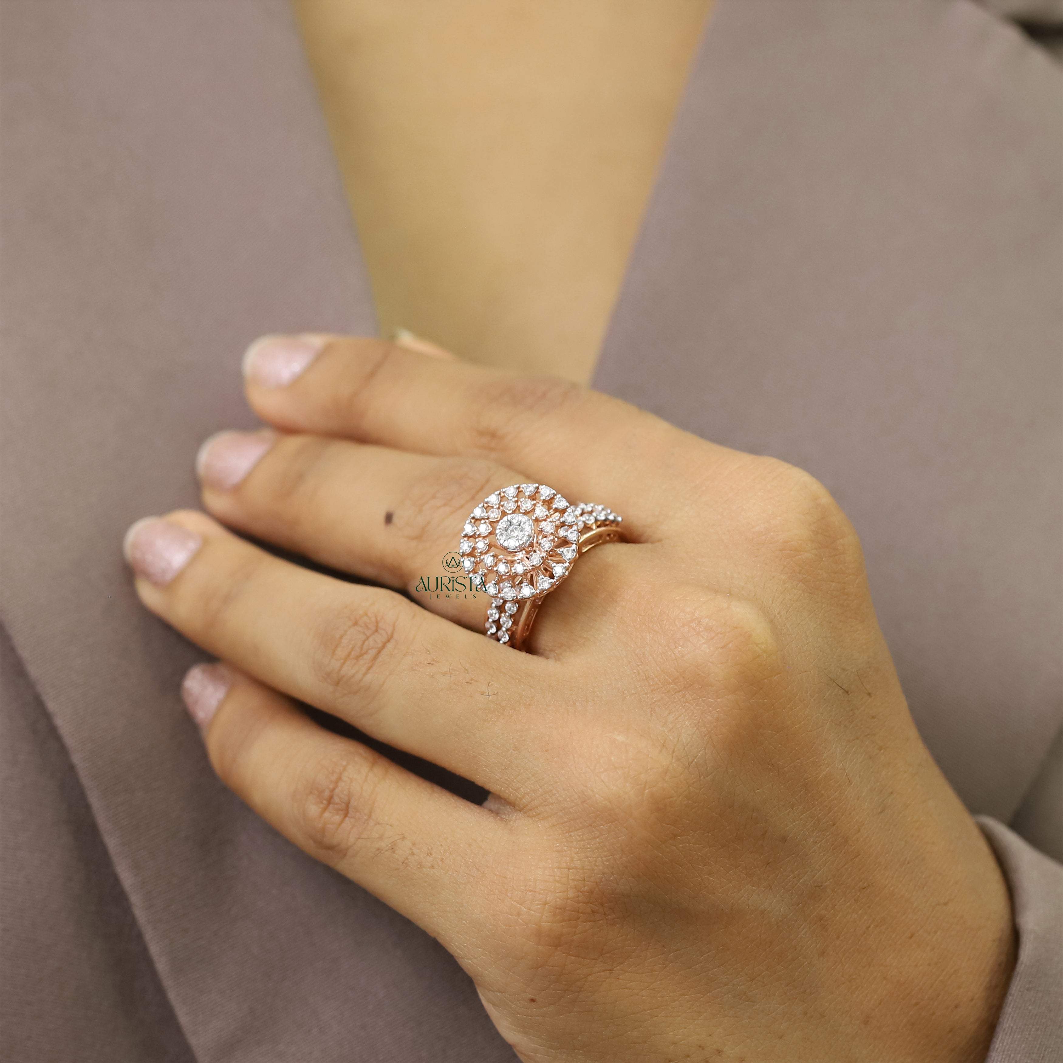 Round Cluster Moissanite Ring Rose Gold Halo Engagement Ring Luxury Statement Ring