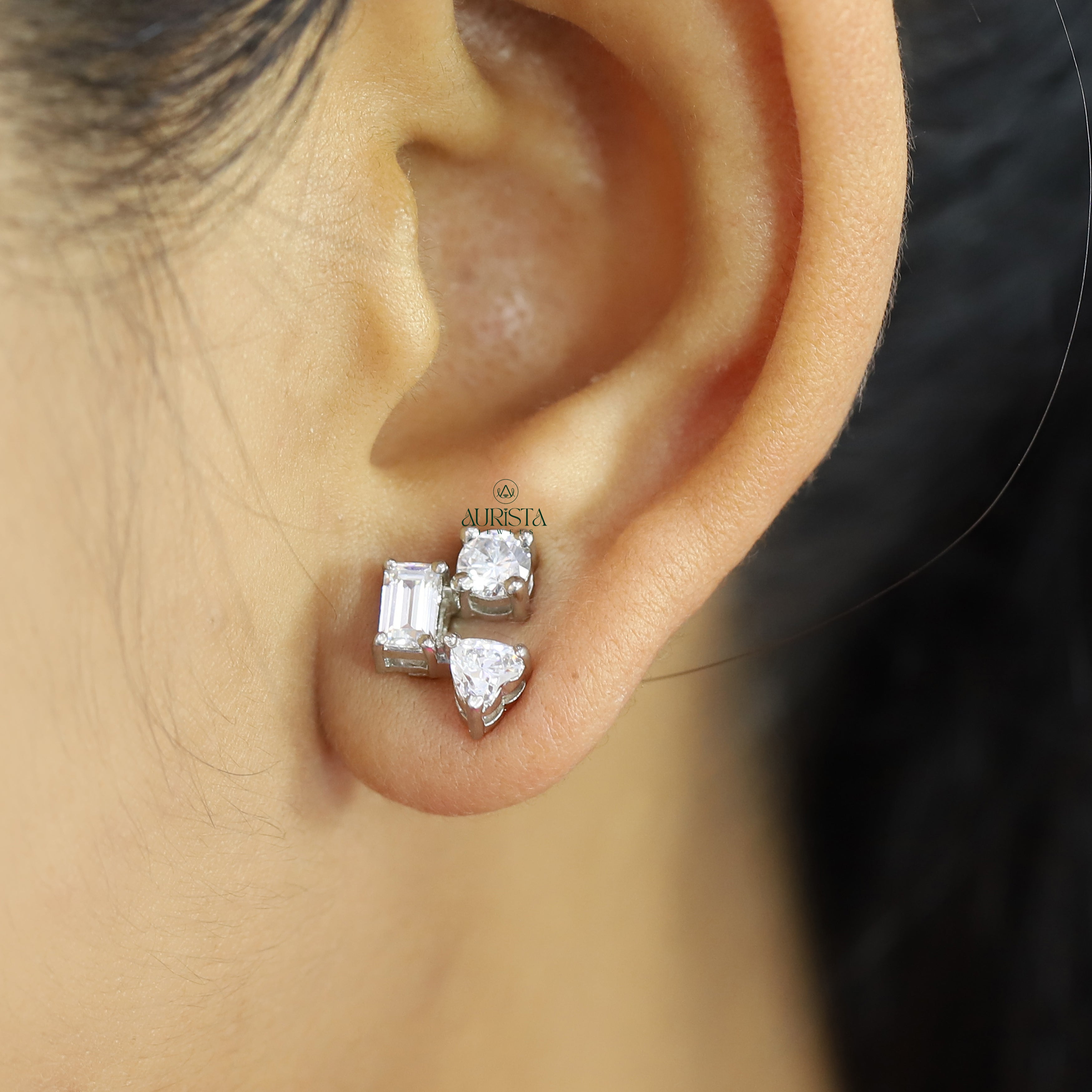 Dainty Moissanite Cluster Stud Earrings, Mixed Shape Diamond Earring, Minimalist Stud