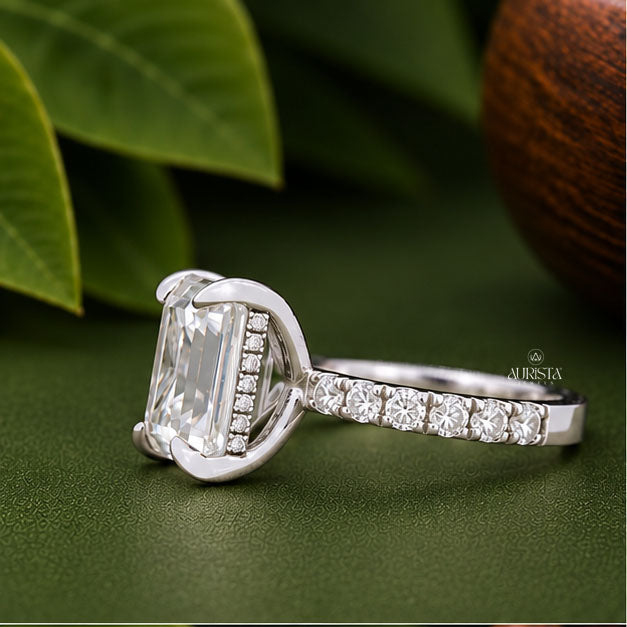 Emerald Cut Lab Grown Diamond Engagement Ring, Pavé Wedding Ring