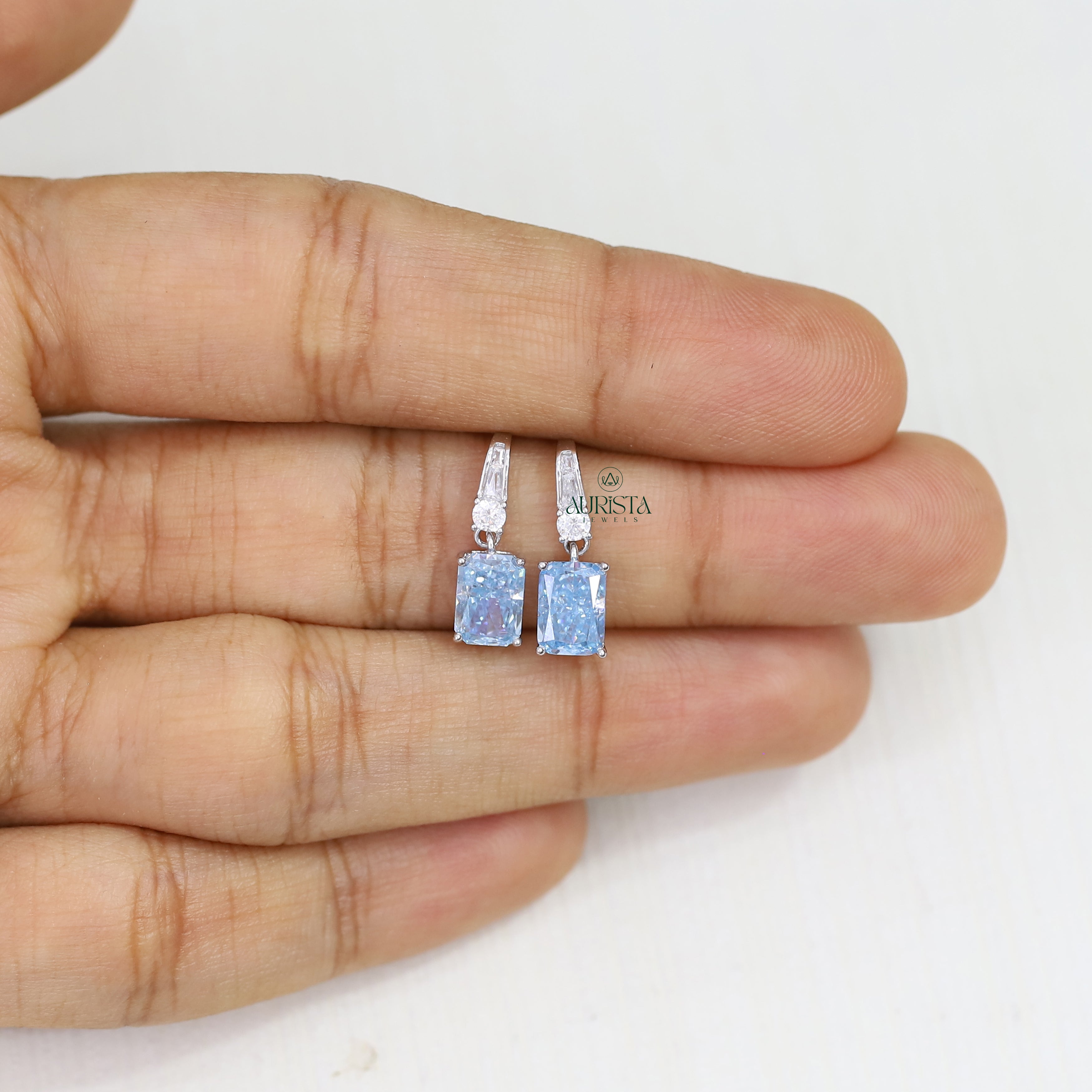 Blue Radiant Cut Moissanite Drop Earrings, Minimalist Dangle Earrings, Silver Jewelry