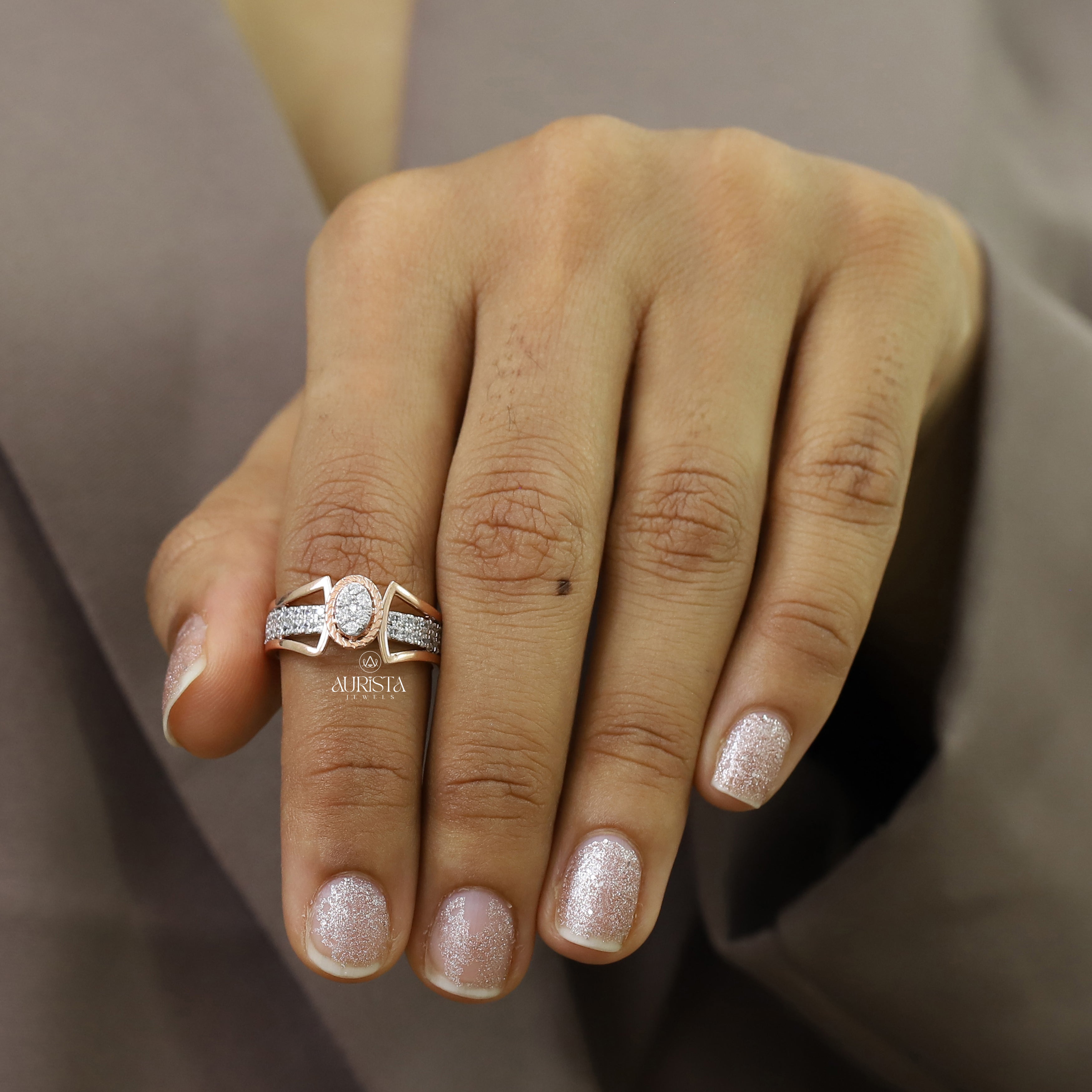 Round Cut Moissanite Ring Rose Gold Engagement Band Unique Open Design Modern Style