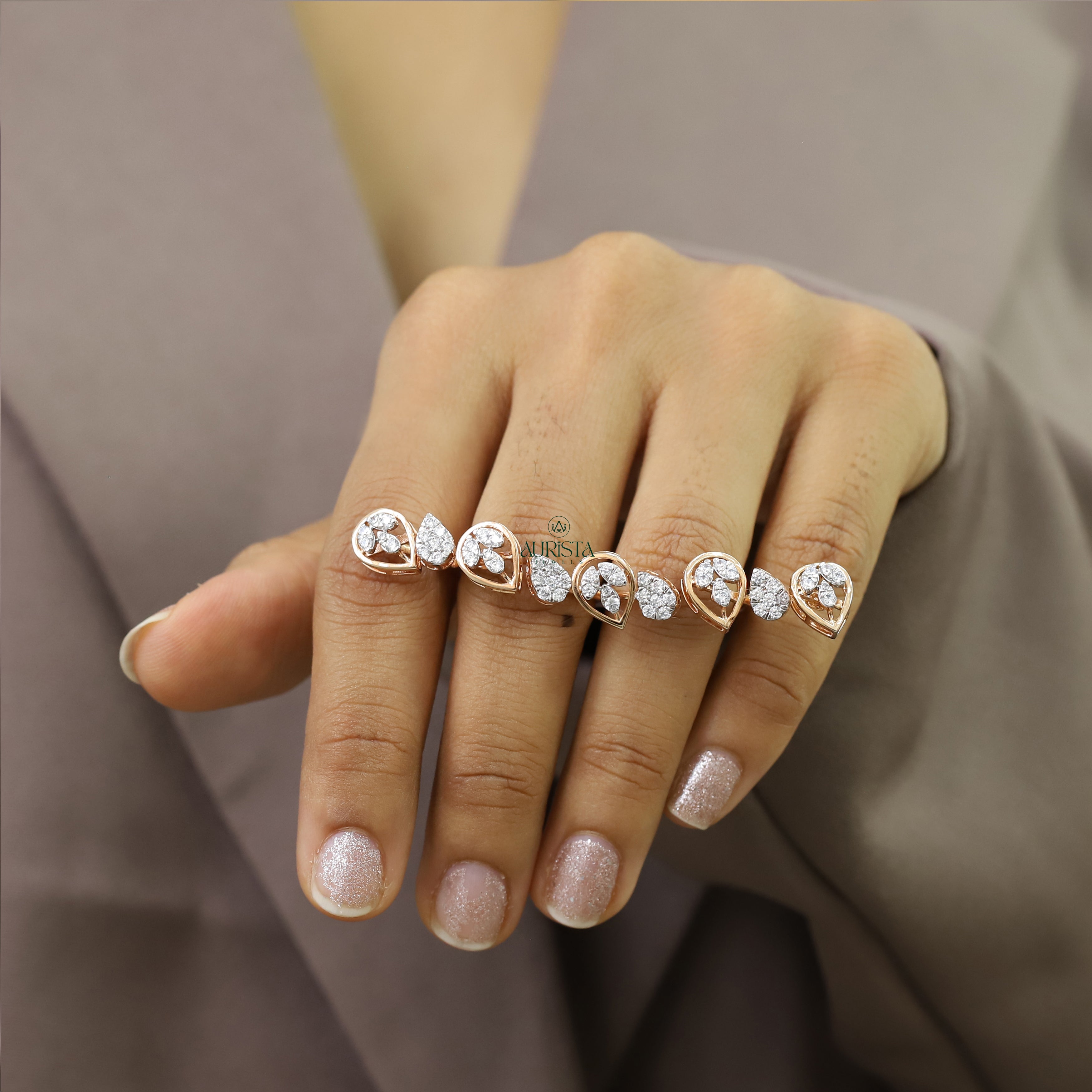 Rose Gold Multi-Finger Ring with Round Diamonds, Dainty Moissanite Statement Ring