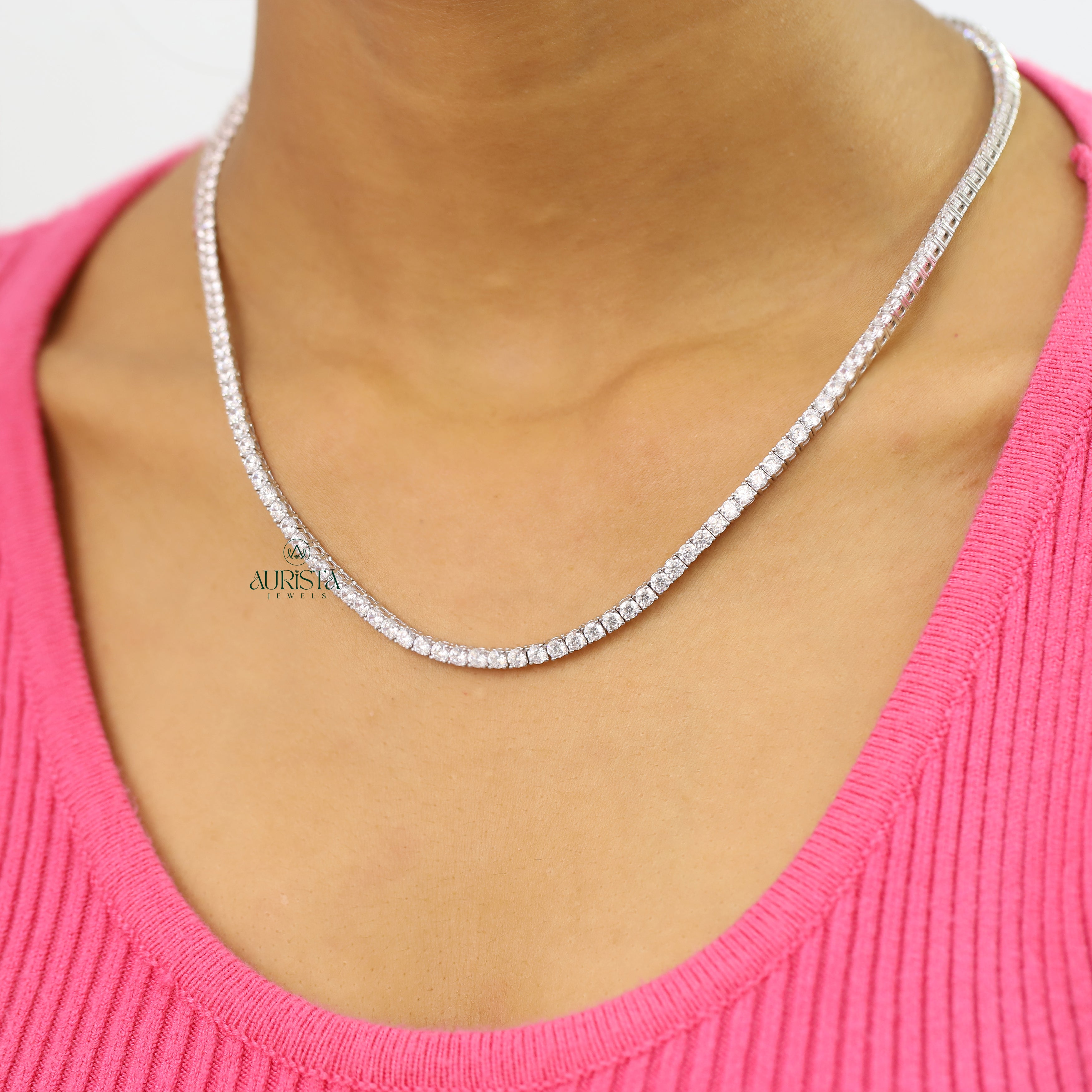 Round Cut Moissanite Tennis Necklace Minimalist Layering Jewelry Gift For Her