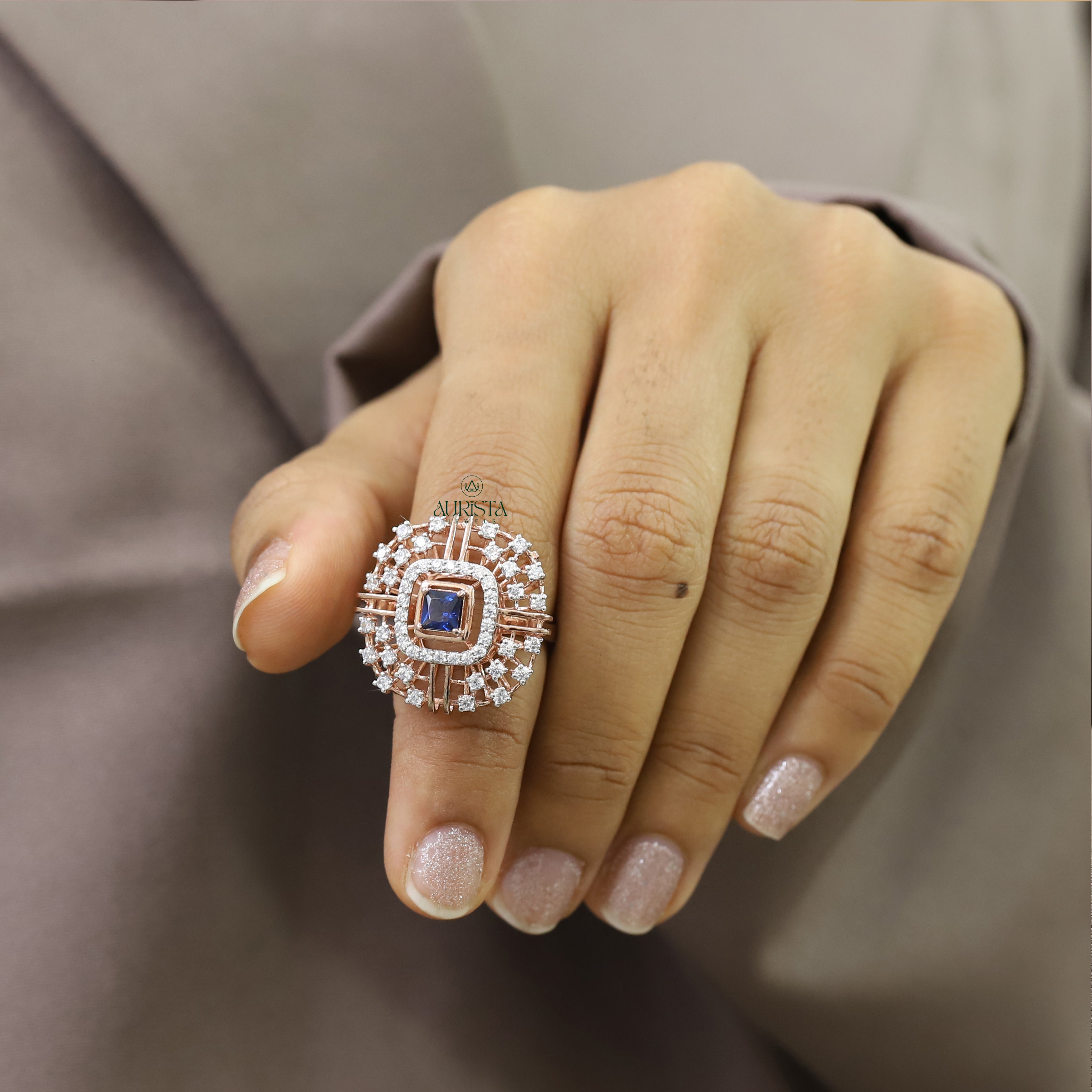 Princess Cut Sapphire & Moissanite Halo Ring, Rose Gold Cluster Statement Ring, Gift