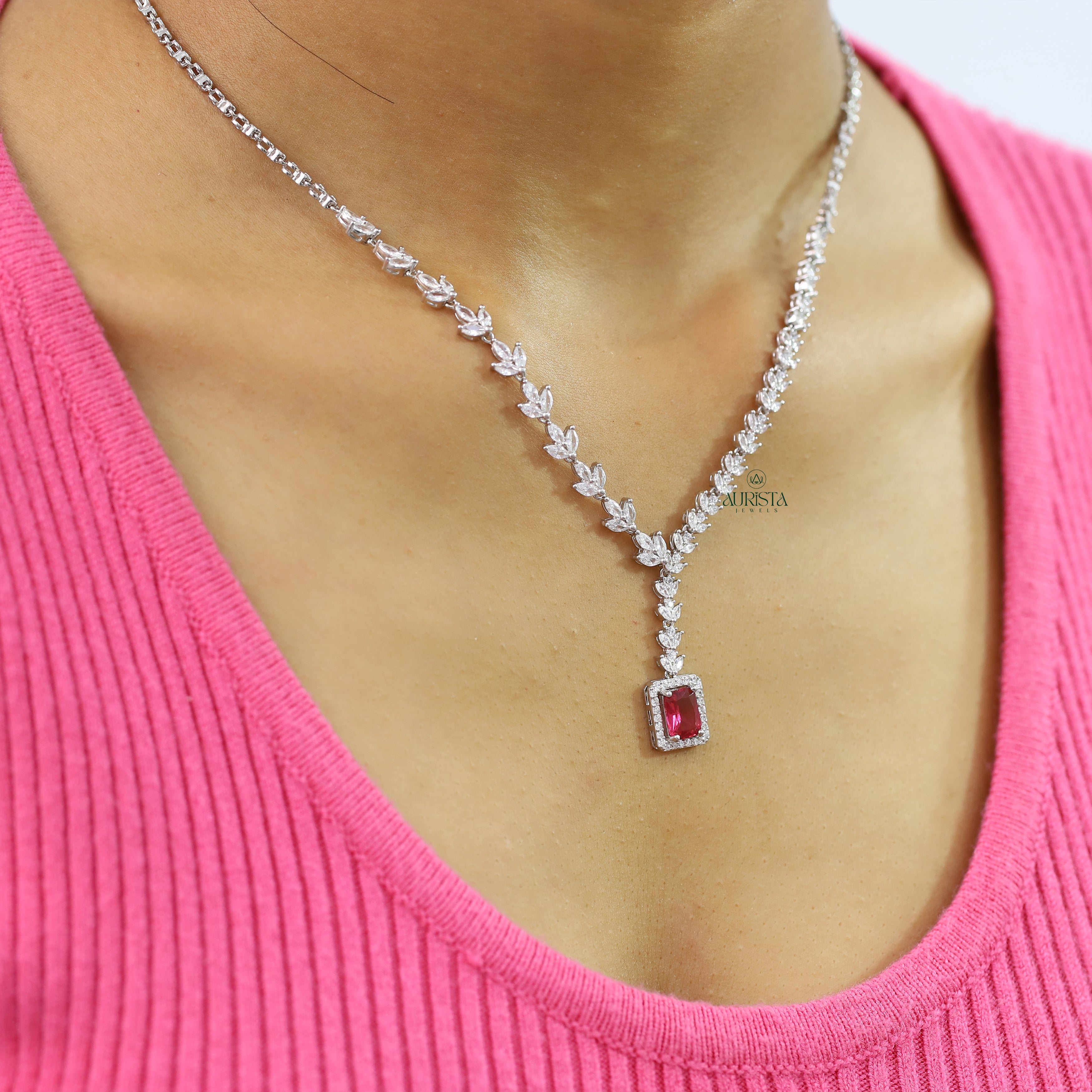 Red Emerald Cut Necklace Marquise Moissanite Pendant Bridal Jewelry Gift For Her