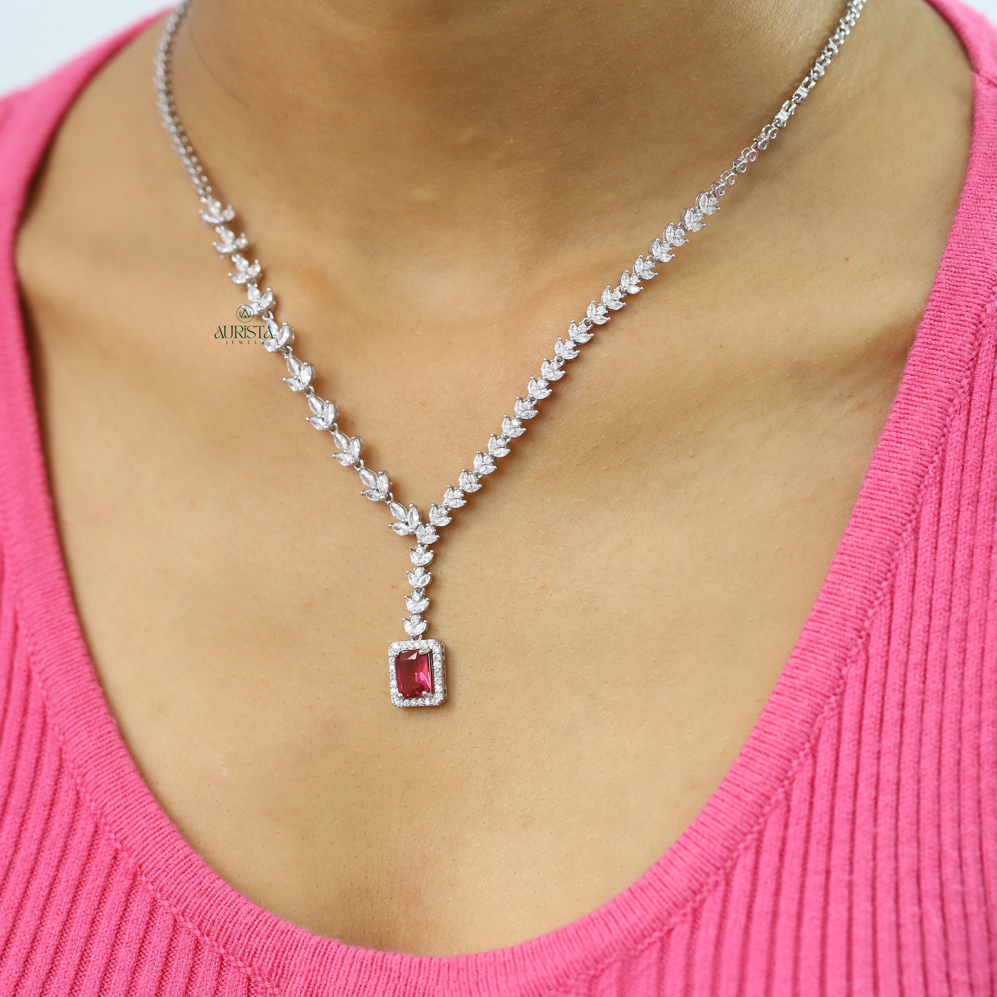 Red Emerald Cut Necklace Marquise Moissanite Pendant Bridal Jewelry Gift For Her