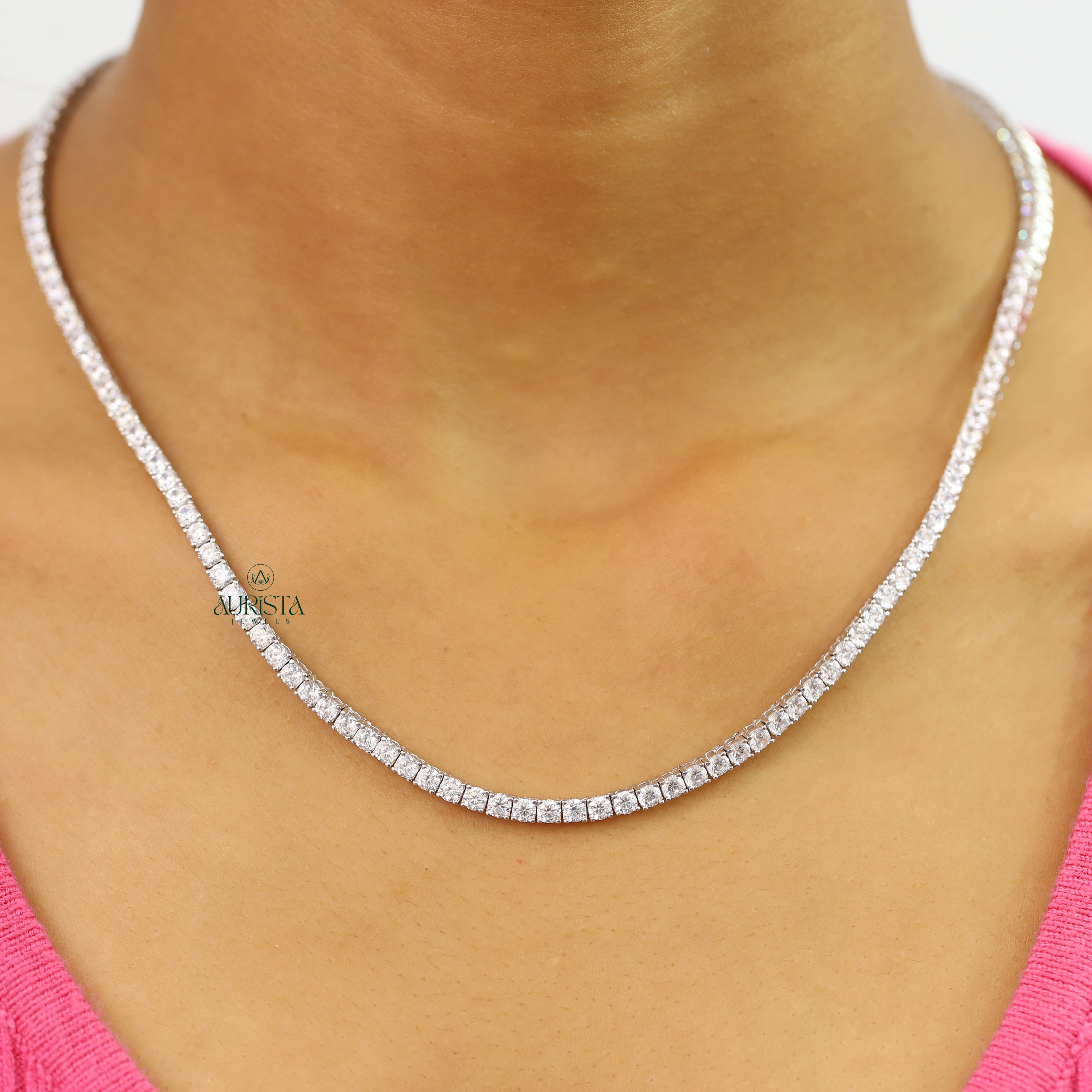 Round Cut Moissanite Tennis Necklace Minimalist Layering Jewelry Gift For Her