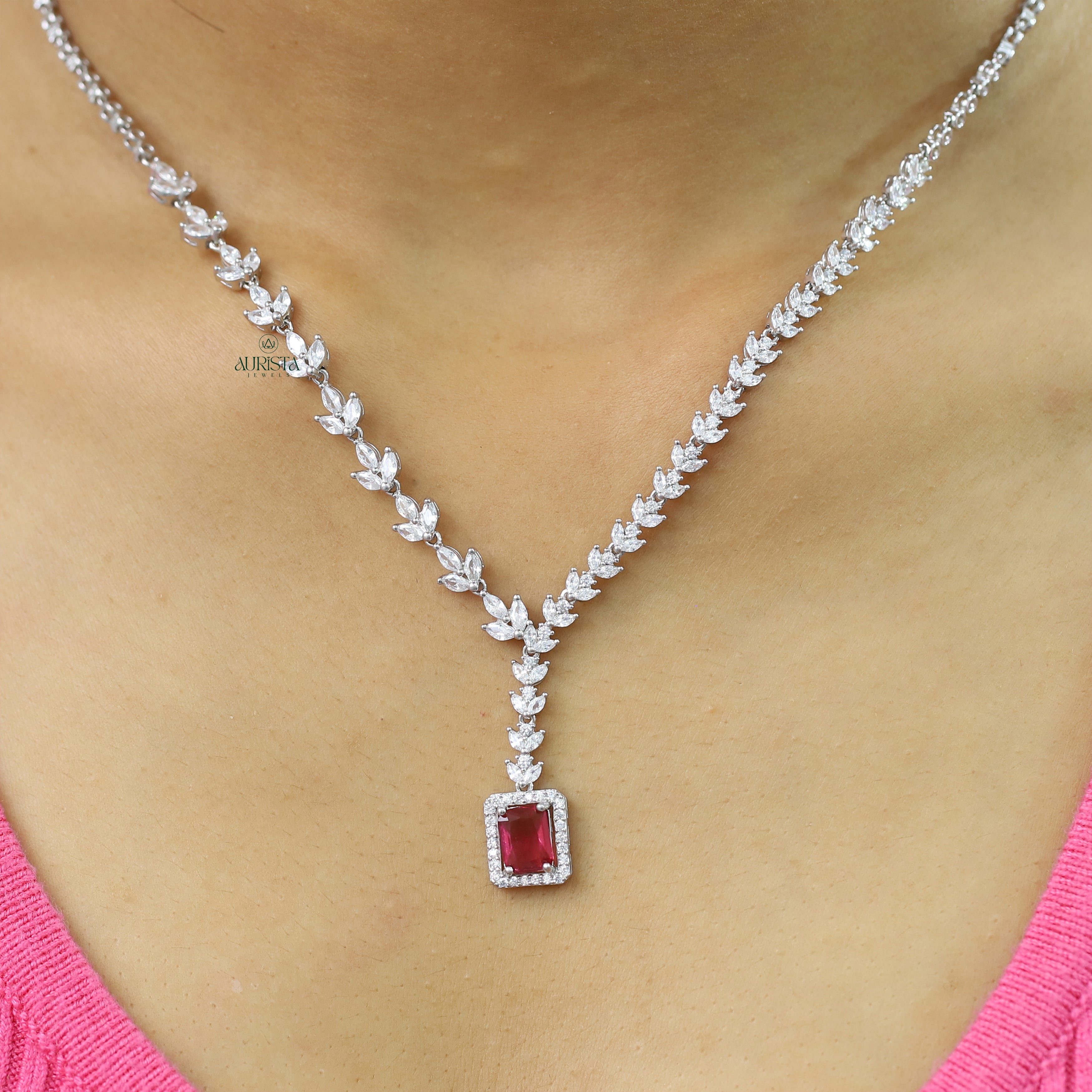 Red Emerald Cut Necklace Marquise Moissanite Pendant Bridal Jewelry Gift For Her