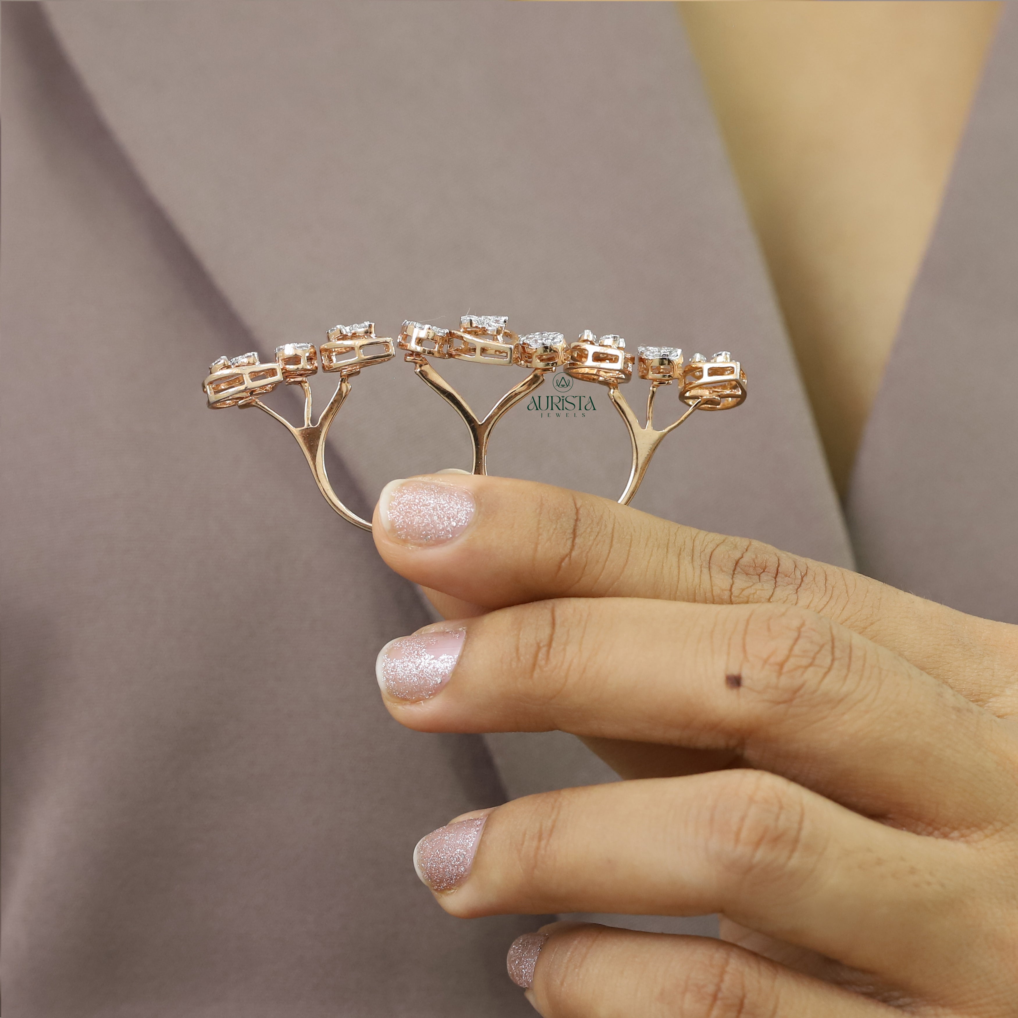 Rose Gold Multi-Finger Ring with Round Diamonds, Dainty Moissanite Statement Ring