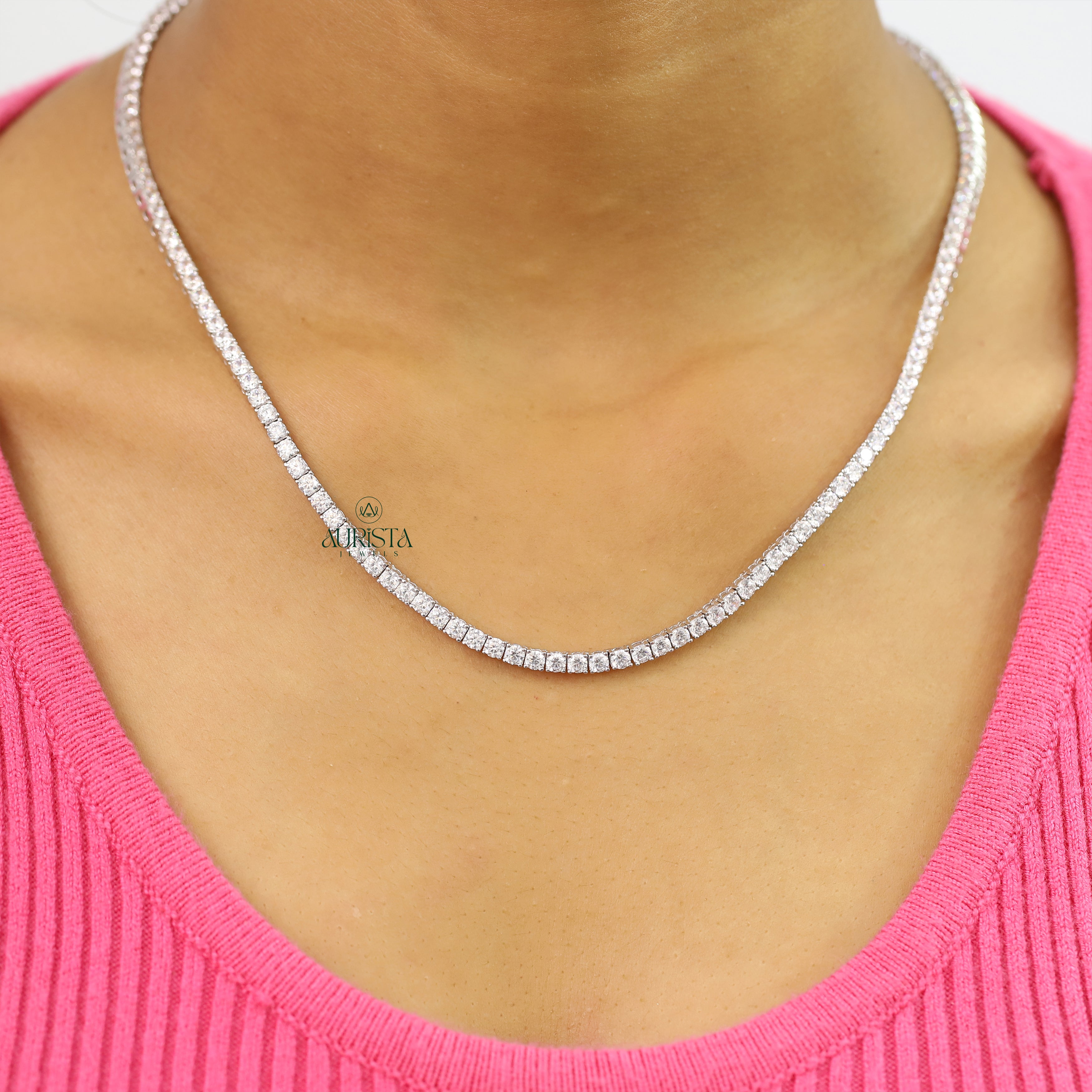 Round Cut Moissanite Tennis Necklace Minimalist Layering Jewelry Gift For Her