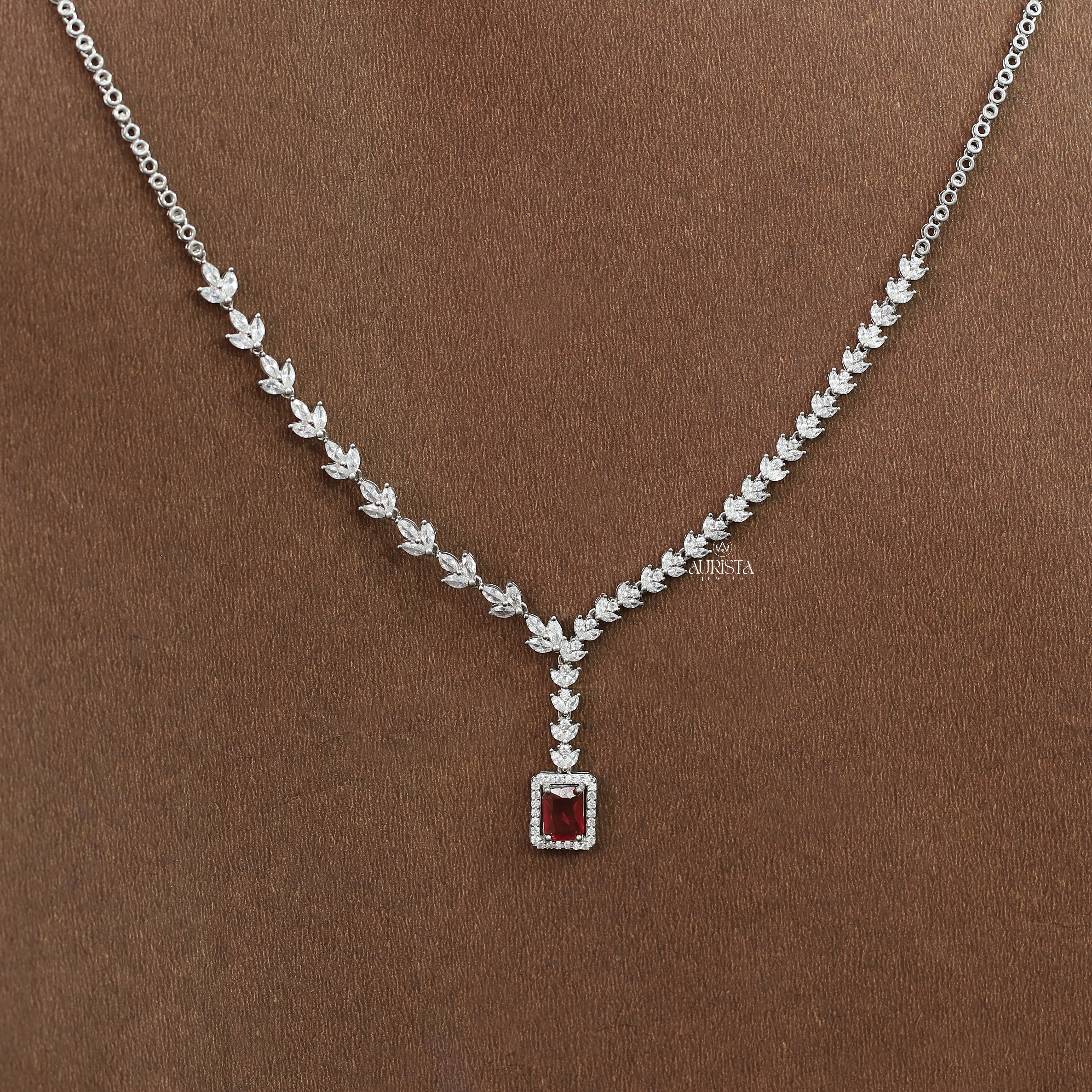 Red Emerald Cut Necklace Marquise Moissanite Pendant Bridal Jewelry Gift For Her