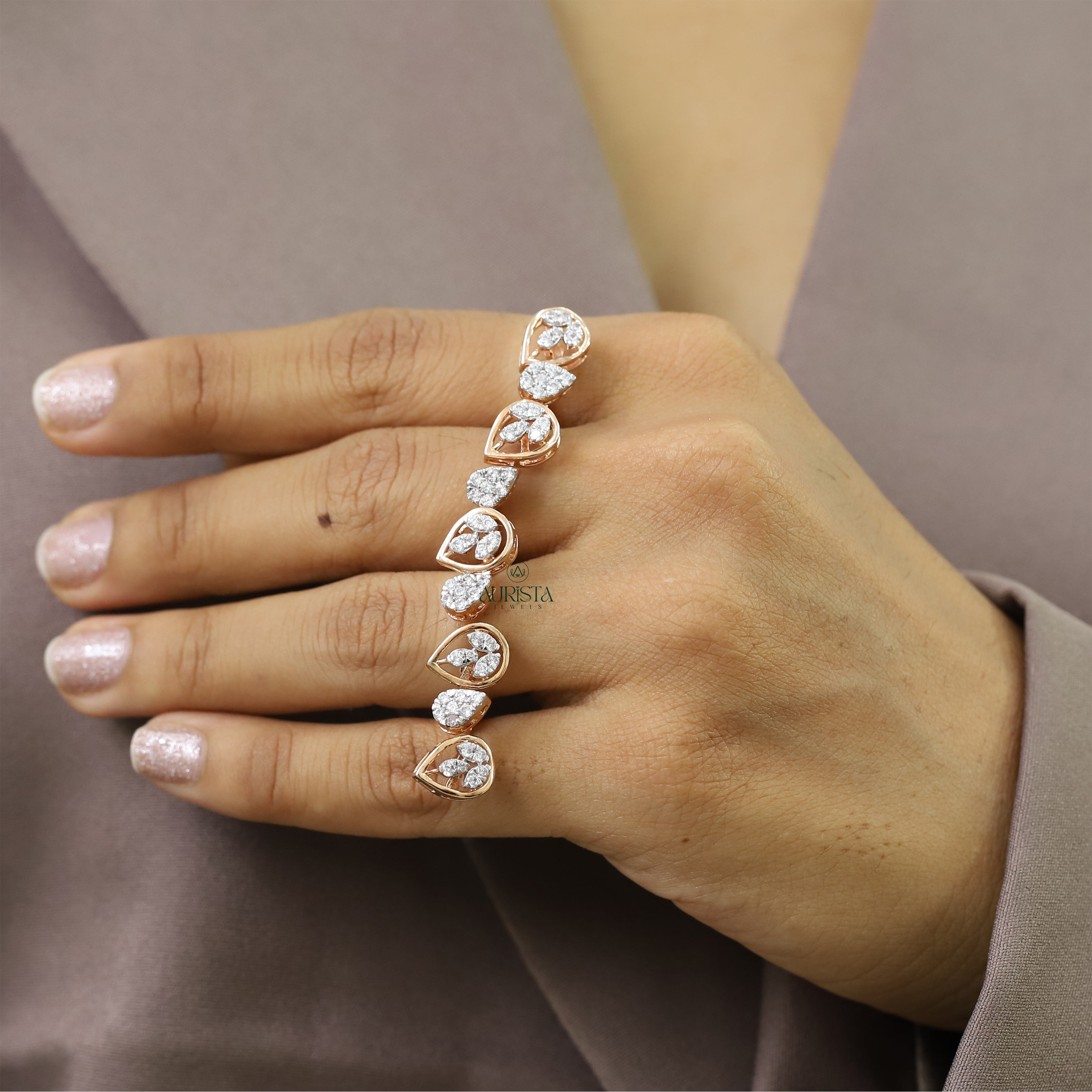 Rose Gold Multi-Finger Ring with Round Diamonds, Dainty Moissanite Statement Ring