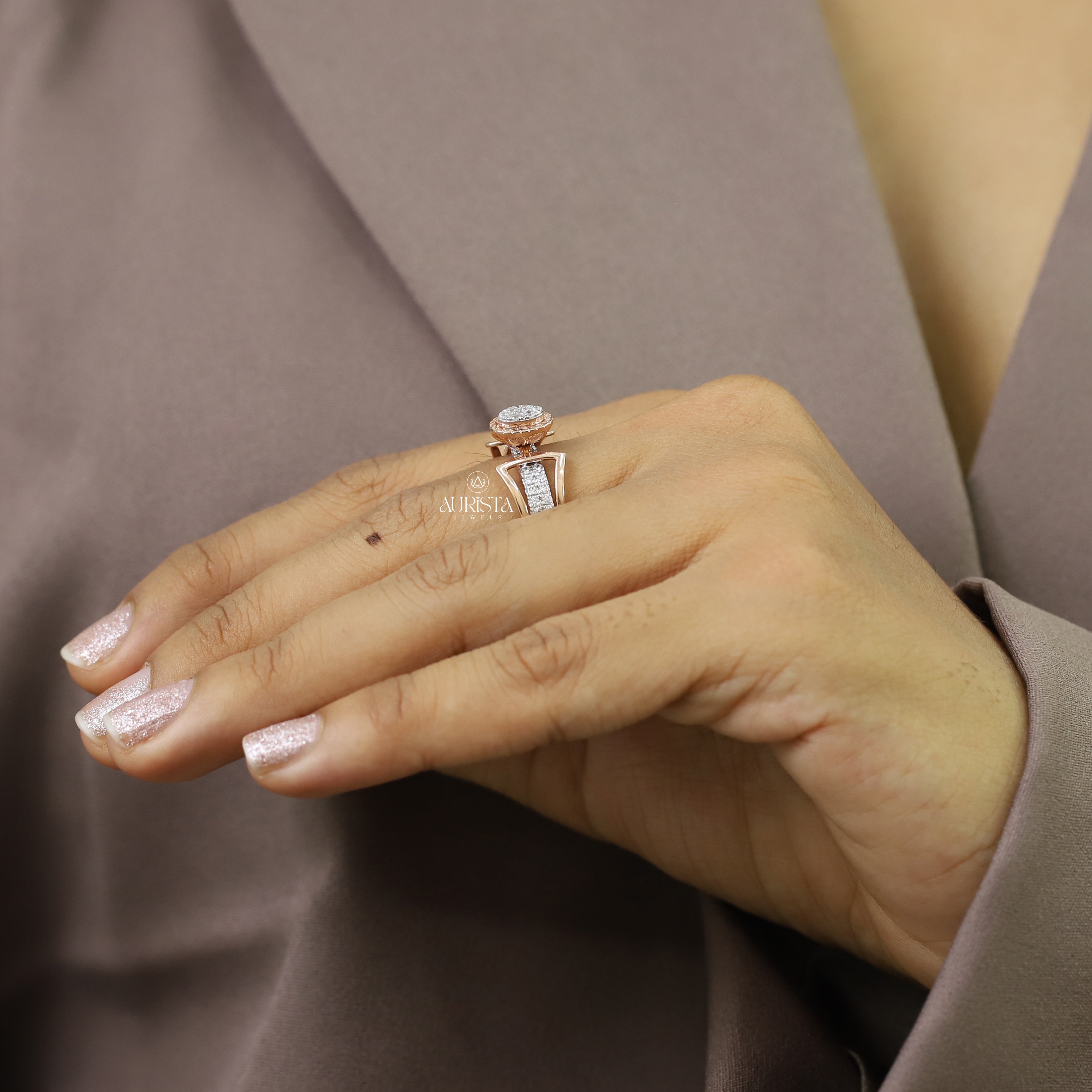 Round Cut Moissanite Ring Rose Gold Engagement Band Unique Open Design Modern Style