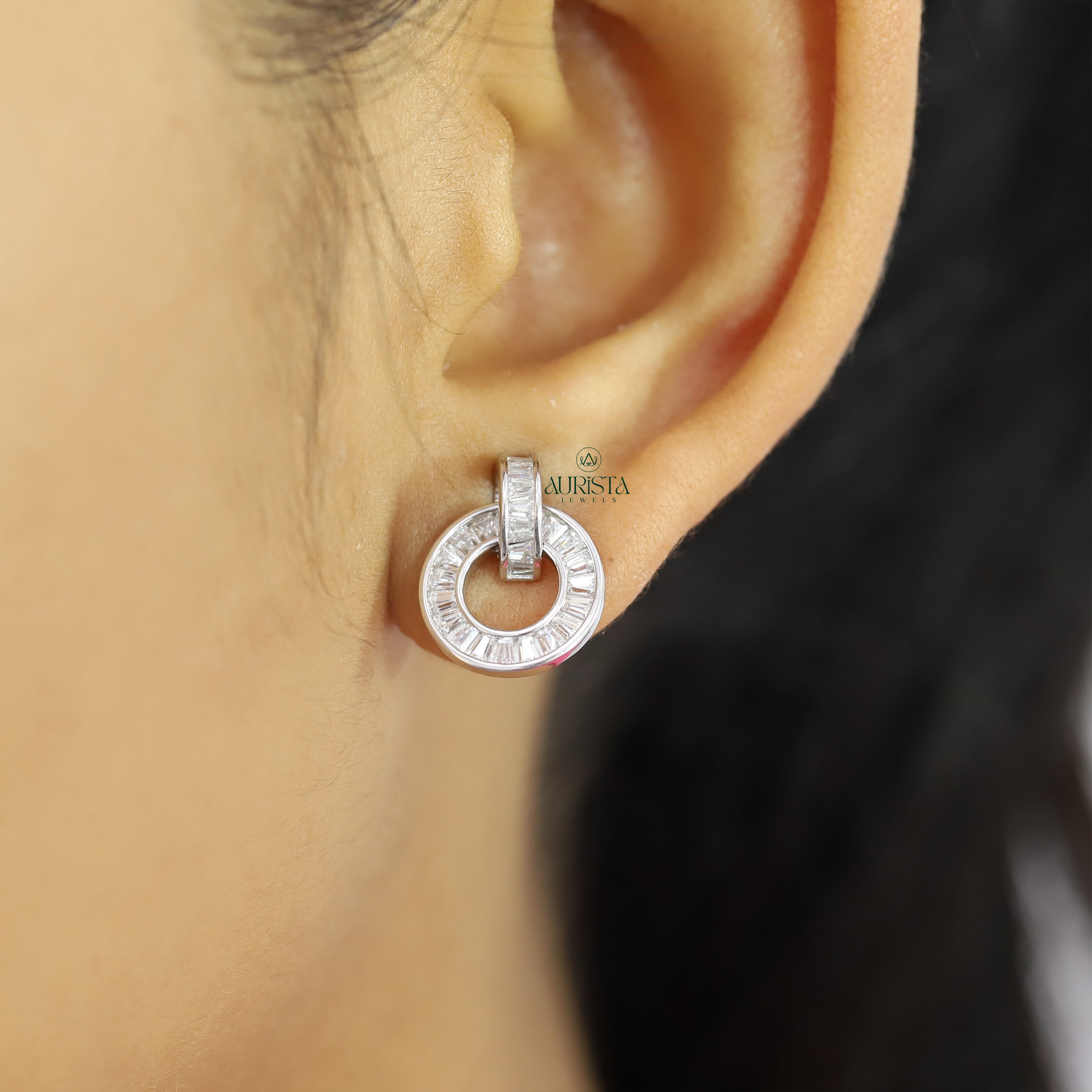 Baguette Cut Moissanite Circle Drop Earrings, Minimalist Round Hoop Dangle Jewelry Gift