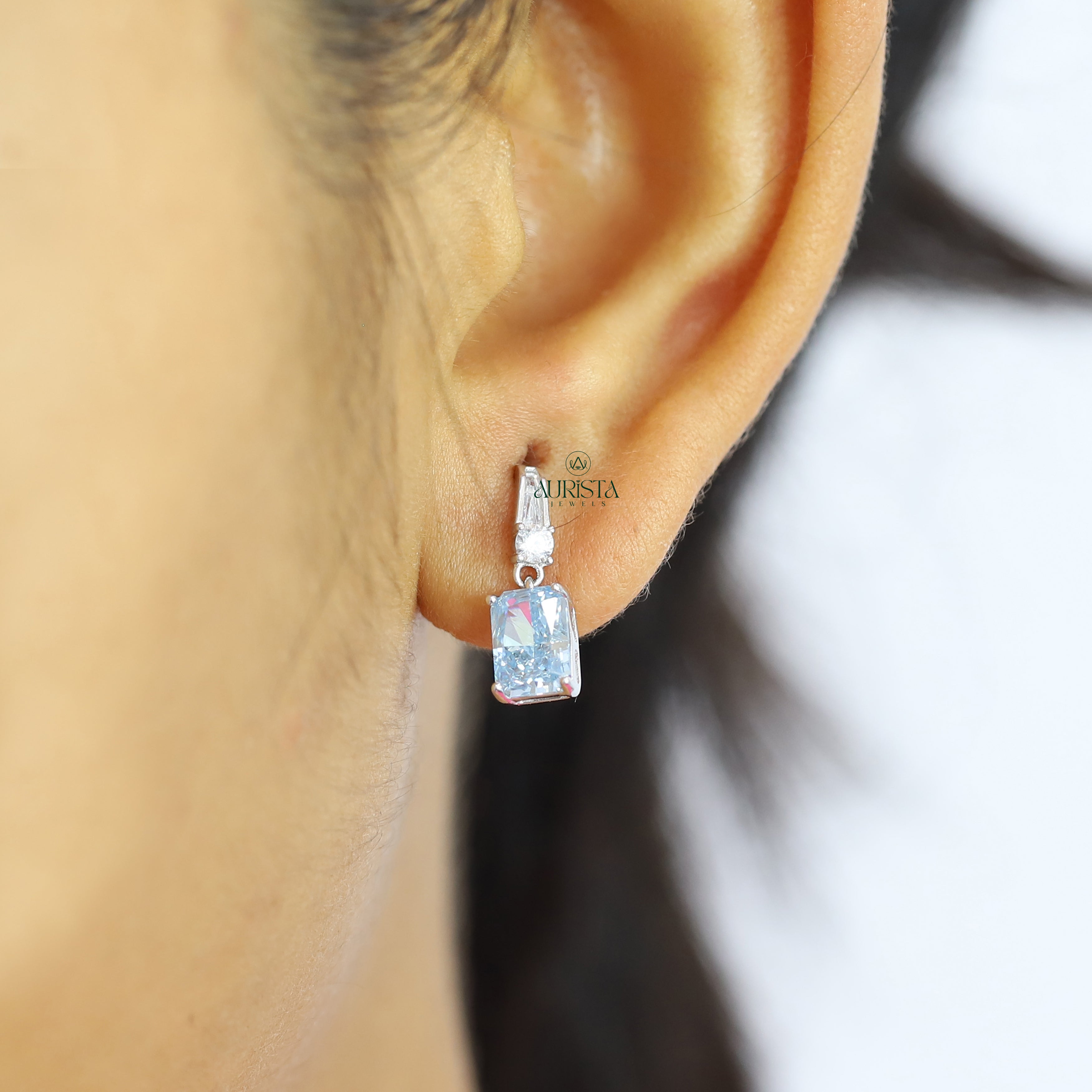 Blue Radiant Cut Moissanite Drop Earrings, Minimalist Dangle Earrings, Silver Jewelry