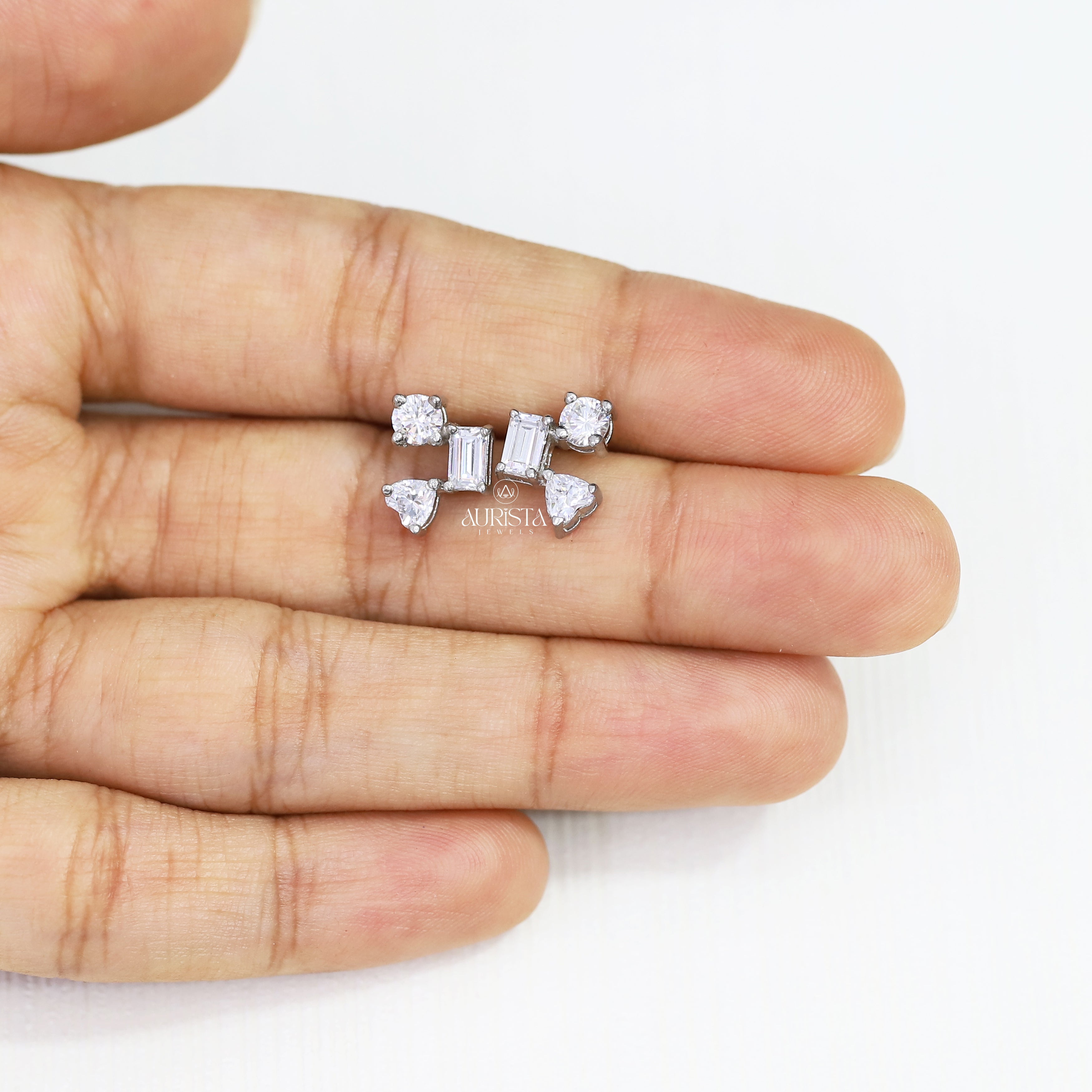 Dainty Moissanite Cluster Stud Earrings, Mixed Shape Diamond Earring, Minimalist Stud